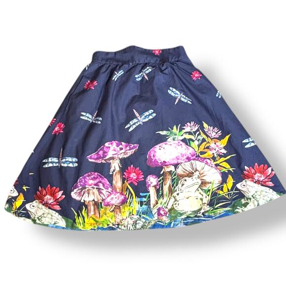 ModCloth Navy Blue Skirt Frogs Mushrooms Dragonflies  Animal Print A-line Small - Picture 12 of 12